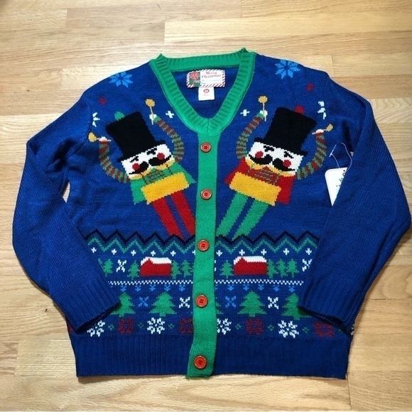 Nutcracker Cardigan NEW Medium V-neck Christmas Button Down Sweater Blue - Picture 2 of 9